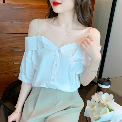 DearGod正韓女裝2022夏季新款吊帶一字肩露肩襯衫設計感小眾別致短款襯衣上衣女裝