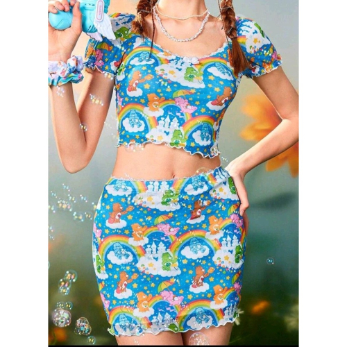 Care Bears 女性休閒卡通可愛短袖上衣與裙子套彩虹圖案套裝 尺寸xs