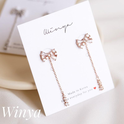【Winya 韓國飾品 現貨 】正韓 水鑽 蝴蝶結 垂墜耳環 耳針 耳夾 夾式耳環