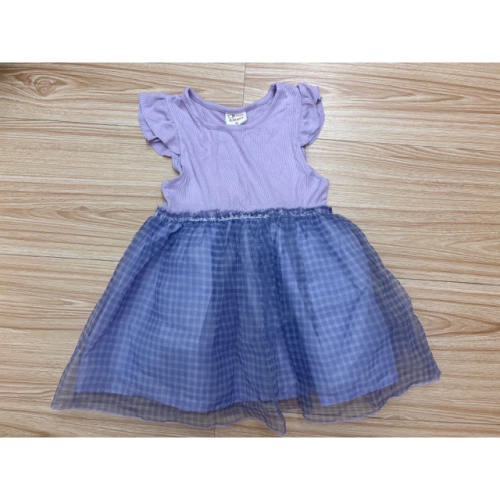 全新 兒童幼兒女童 飛袖坑條拼接格紋紗裙洋裝 約90cm 連身裙 童裝 蓬蓬裙