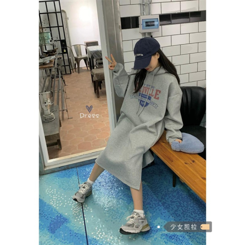 加絨加厚連帽衛衣連衣裙女秋冬季年新款寬松中長款打底裙裙子