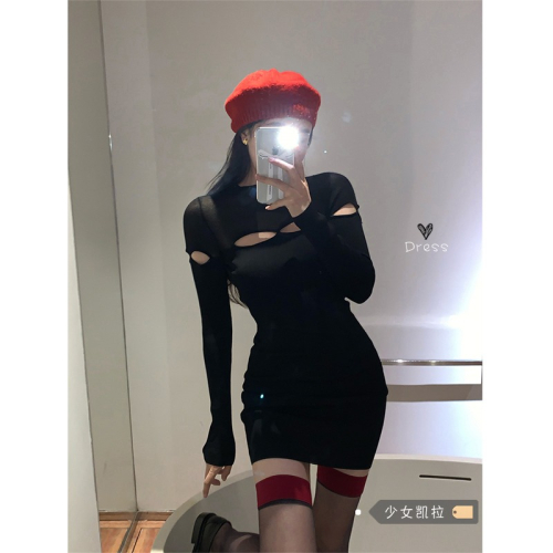 性感辣妹鏤空露背連衣裙女秋冬季修身內搭黑色打底裙包臀短裙裙子