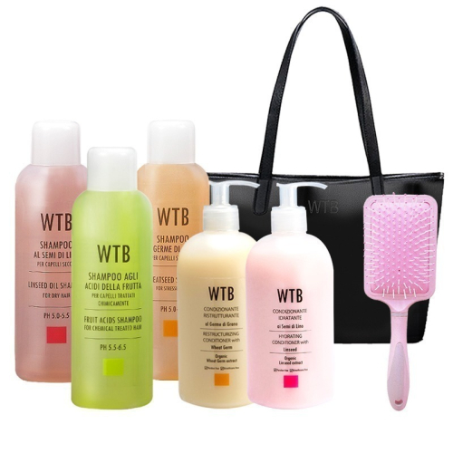 WTB洗髮精1000mlx3+潤髮乳500mlx2(亞麻+小麥)+贈時尚側肩包+按摩氣墊梳(粉)