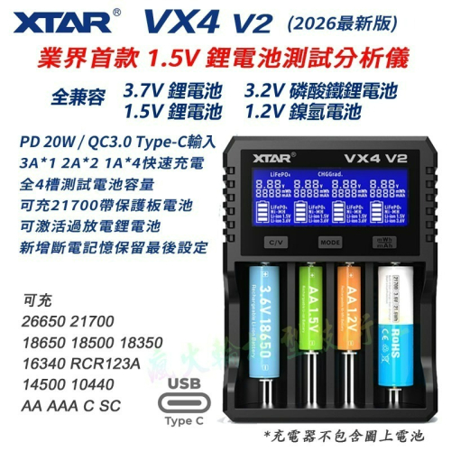 Xtar VX4 V2 全功能快速電池充電器 PD/QC3.0充電 可測電池容量內阻 適 1.5V 鋰電池 磷酸鐵鋰電池