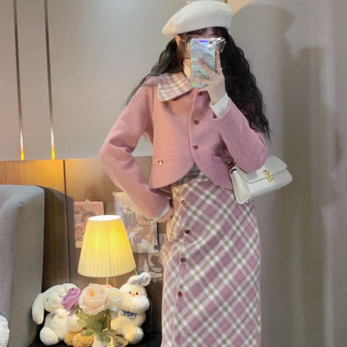 DearGod正韓女裝漂亮時尚韓系高級早秋西裝毛呢外套格子半身裙套裝小洋裝兩件套潮