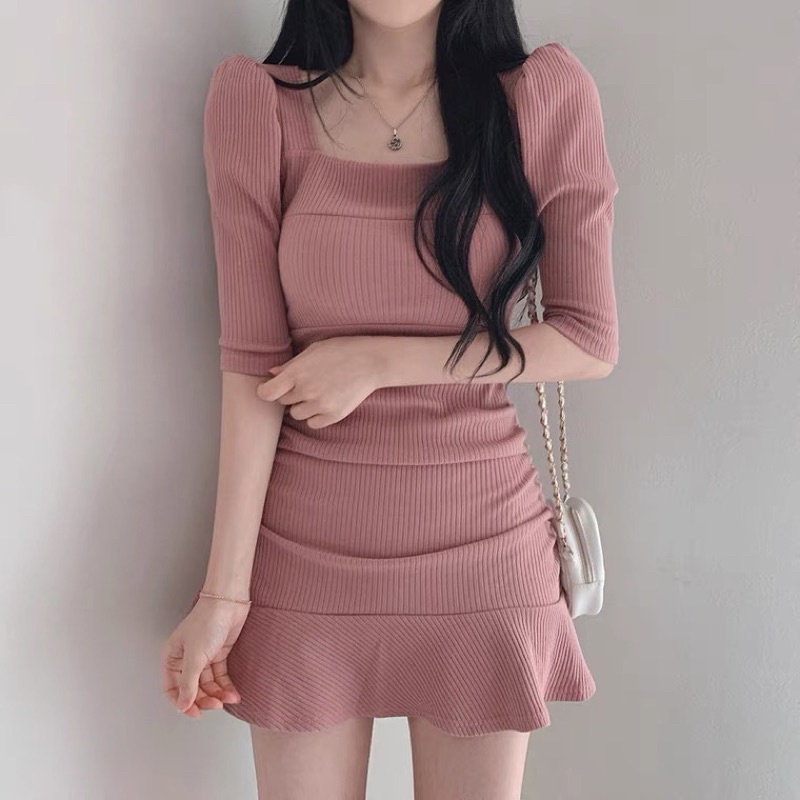 ❤️粉.藍.白 甜美 氣質 方領 露鎖骨 螺紋 魚尾 性感 女神 夜店 修身 顯瘦 泡泡袖 包臀 連衣裙 洋裝