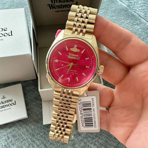 玫粉色手錶 vivienne westwood薇薇安西太後手錶 休閒百搭石英錶 金色鋼帶錶 大直徑手錶女 防水手錶