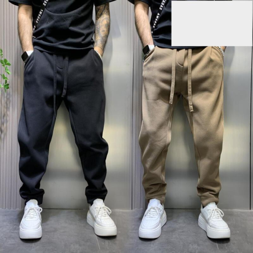 秋冬設計感潮牌寬鬆窄管休閒褲男士2023新款彈力束腳刷毛運動厚棉褲