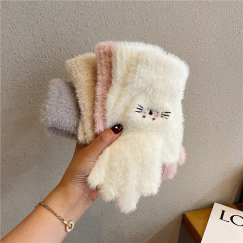 冬季刺繡貓咪加厚毛絨可愛女戶外全指防風手套保暖露指可觸屏手套