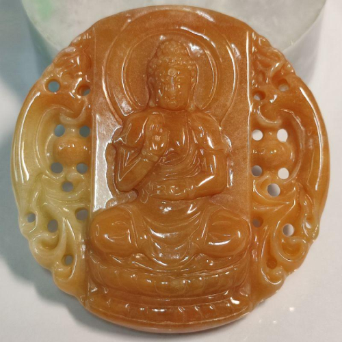 ?光澤眾生 無所不在?天然緬甸玉A貨翡翠-紅黃翡 雙面精雕 大日如來/禪 現貨實拍優惠特價【92jade 遇見善緣】
