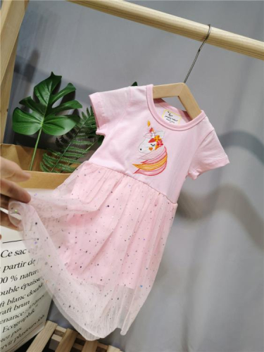 寶貝童裝寶寶網紗連身裙女童短袖裙兒童連身裙夏季女孩獨角獸裙子洋裝外貿童裙