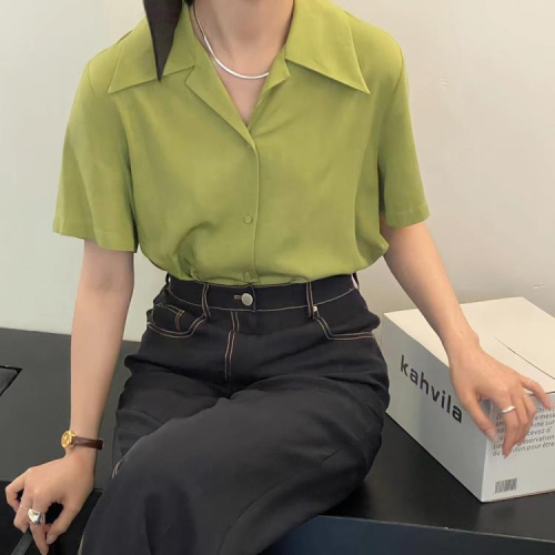 DearGod正韓女裝waitmore2022夏季新款正韓設計感小眾寬松氣質系扣短袖襯衫女上衣