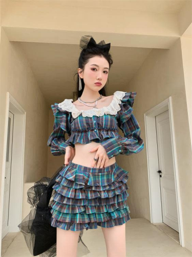 DearGod正韓女裝早秋新款甜美方領娃娃衫泡泡袖露臍荷葉邊上衣蓬蓬格子短裙套裝女