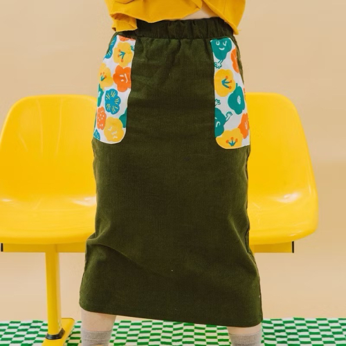 hahababy 燈芯絨-大人A字長裙 軍綠色工裝裙 綠 S