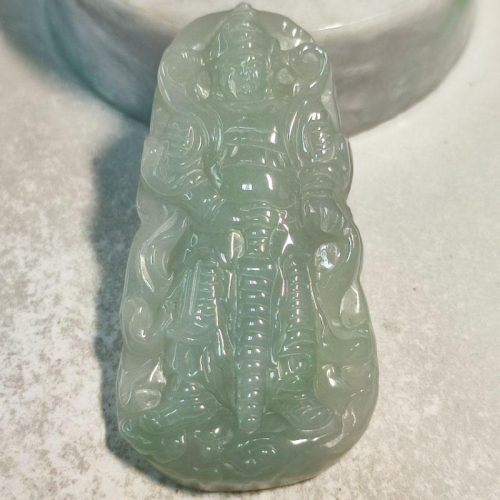 ☀️驅邪除魔☀️天然緬甸玉 A貨翡翠-冰淡底色 精雕 韋陀/韋馱菩薩 護法神 現貨優惠特價【92jade 遇見善緣】