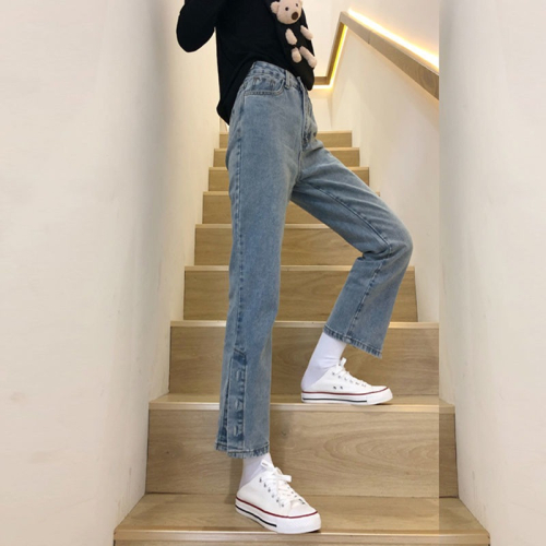 秋季韓版ins復古高腰寬松開叉牛仔褲女直筒百搭學生顯瘦九分褲潮