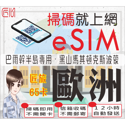 ├匠心_eSIM┤巴爾幹半島 歐洲網卡 歐洲多國 即插即用 黑山 法國 克斯波蒙 旅遊 歐洲上網卡 匠旅65 網卡