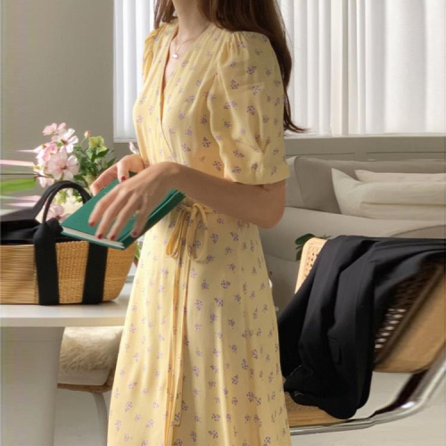DearGod正韓女裝2022夏裝法式茶歇度假裙子洋裝優雅v領系帶碎花連身裙女氣質長裙女裝