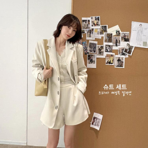 DearGod正韓女裝【白茶佳人】法兒家 韓國定制御姐早春時尚西裝外套短褲兩件套裝