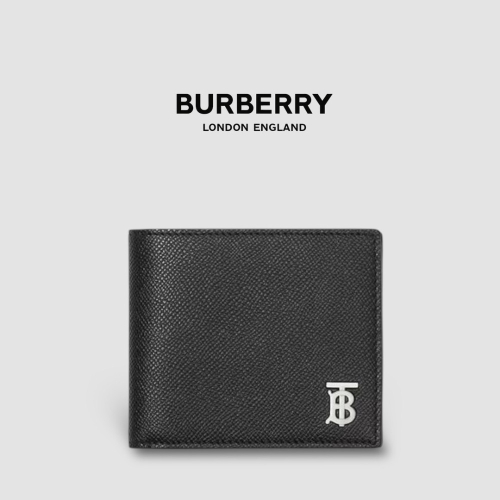 ?Burberry TB字樣粒面皮革雙折皮夾｜黑色｜荔枝紋｜TB金屬字樣｜對折｜8卡｜短夾｜錢夾｜錢包｜男女通用款錢包