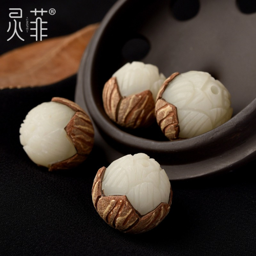 天然白玉菩提根蓮花配飾 原籽菩提子手工diy散珠佛珠材料配件18mm