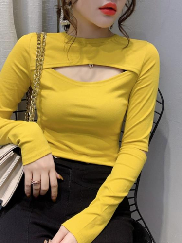 DearGod正韓女裝2022年秋冬新款時尚小心機純棉短款打底衫白色長袖修身t恤上衣女