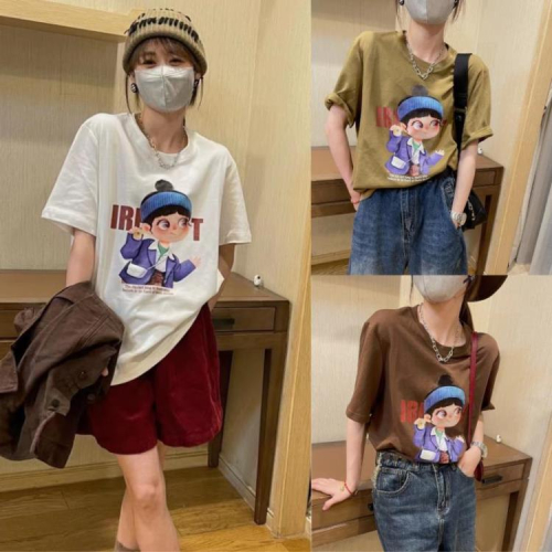 DearGod正韓女裝歐洲站2022早秋新款韓味圓領小女孩印花寬松百搭短袖休閒T恤女潮