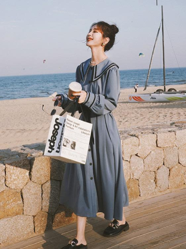 DearGod正韓女裝學院風娃娃領連身裙女2022春秋新款正韓寬松減齡氣質拼接襯衫長裙