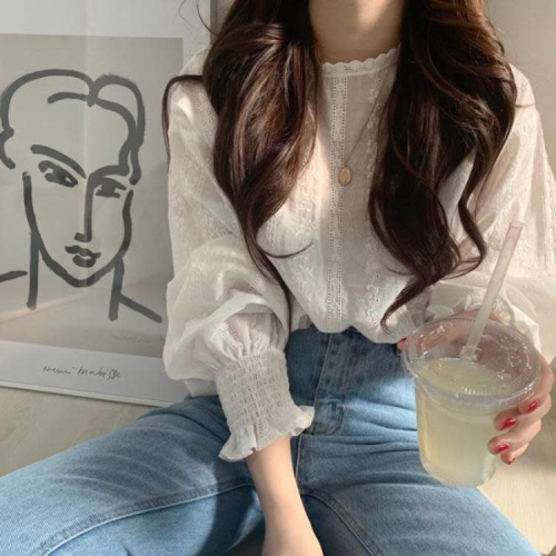 DearGod正韓女裝韓國ins甜美2022春秋小清新蕾絲勾花洋氣襯衣燈籠長袖襯衫女上衣