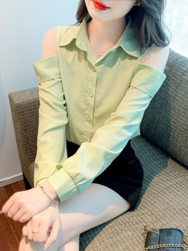 DearGod正韓女裝設計感露肩襯衫女秋冬2022年新款小清新甜美百搭抽繩系帶長袖上衣