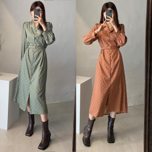 DearGod正韓女裝韓國ins秋冬優雅氣質西裝領單排扣系帶顯瘦長袖波點連身裙長裙女
