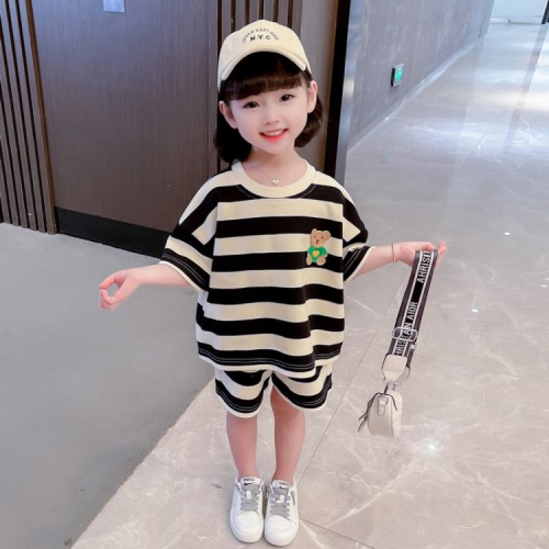 寶貝童裝女童夏裝套裝夏季正韓女寶寶洋氣衛裙兒童女孩短袖條紋二件套夏款
