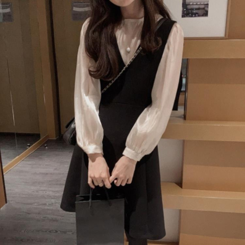 DearGod正韓女裝韓國chic春秋內搭打底長袖女士襯衫 洋氣減齡背帶裙兩件套連身裙