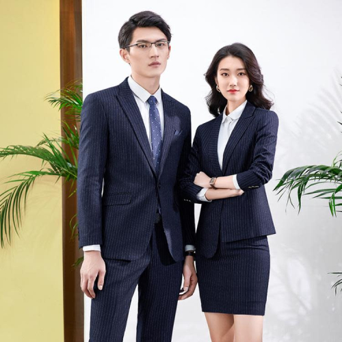 英倫條紋灰男女同款職業裝西裝套裝售樓部經理西服公司工作服訂製