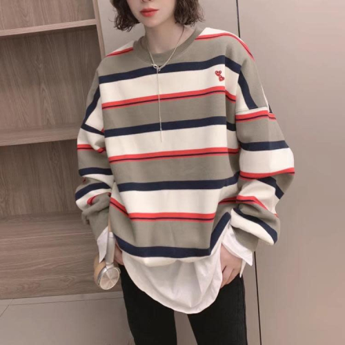 DearGod正韓女裝歐洲站2022秋季新款時尚圓領條紋拼色卡通小刺繡設計寬松長袖衛衣