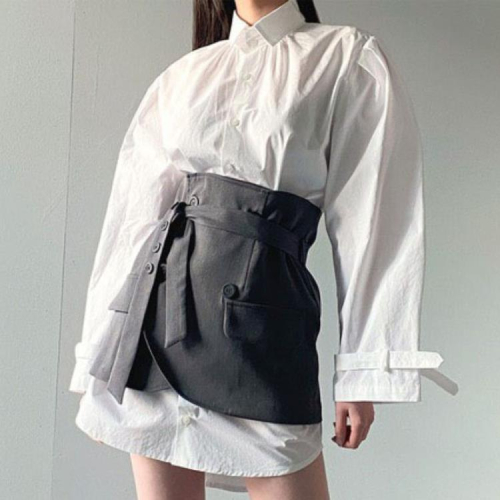 DearGod正韓女裝夏季炸街套裝女燈籠袖氣質襯衫裙 雙排扣圍裹半身裙時尚兩件套