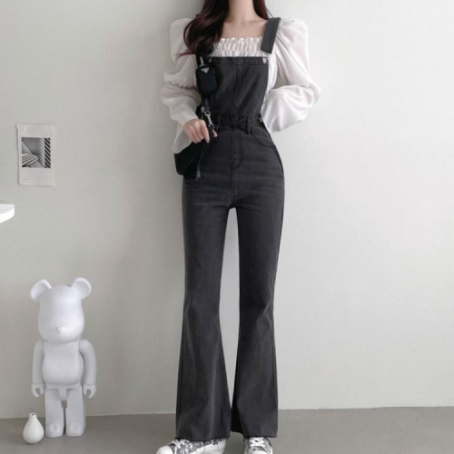 DearGod正韓女裝背帶褲女正韓寬松直筒微喇叭牛仔褲夏季復古減齡百搭顯瘦吊帶長褲